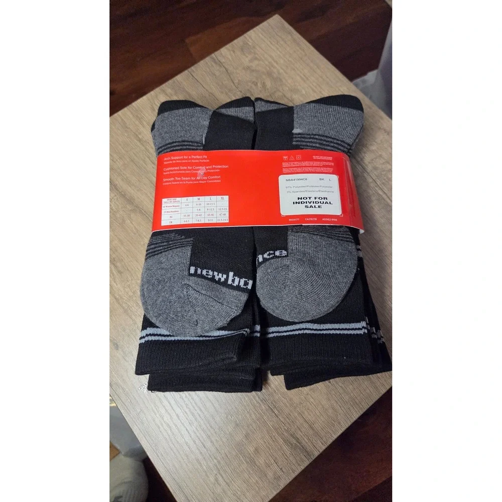 New Balance Mens Cushioned Crew Socks 6 Pair Pack Black Grey Striped size L